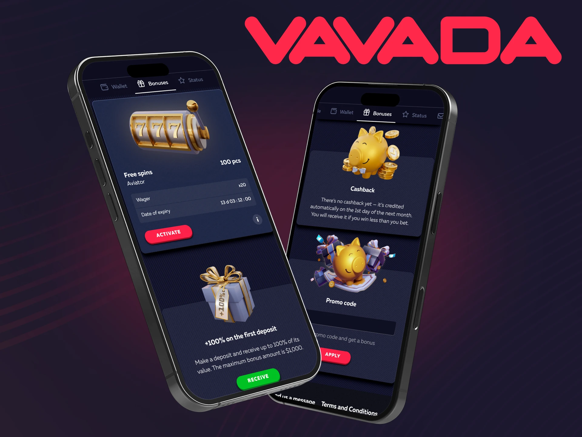 Claim your bonuses after installing the official Vavada casino app.