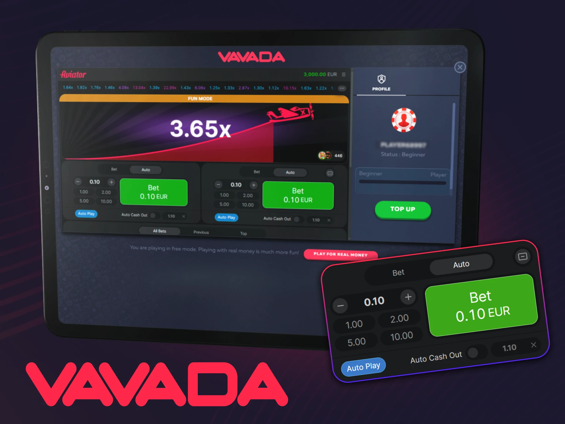 Use automatic mode to play Aviator on the official Vavada casino app.