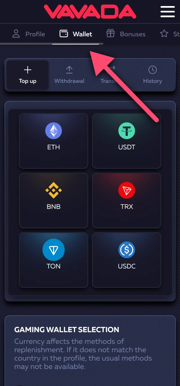 Make a deposit using UPI, Paytm, or cryptocurrencies on Vavada.