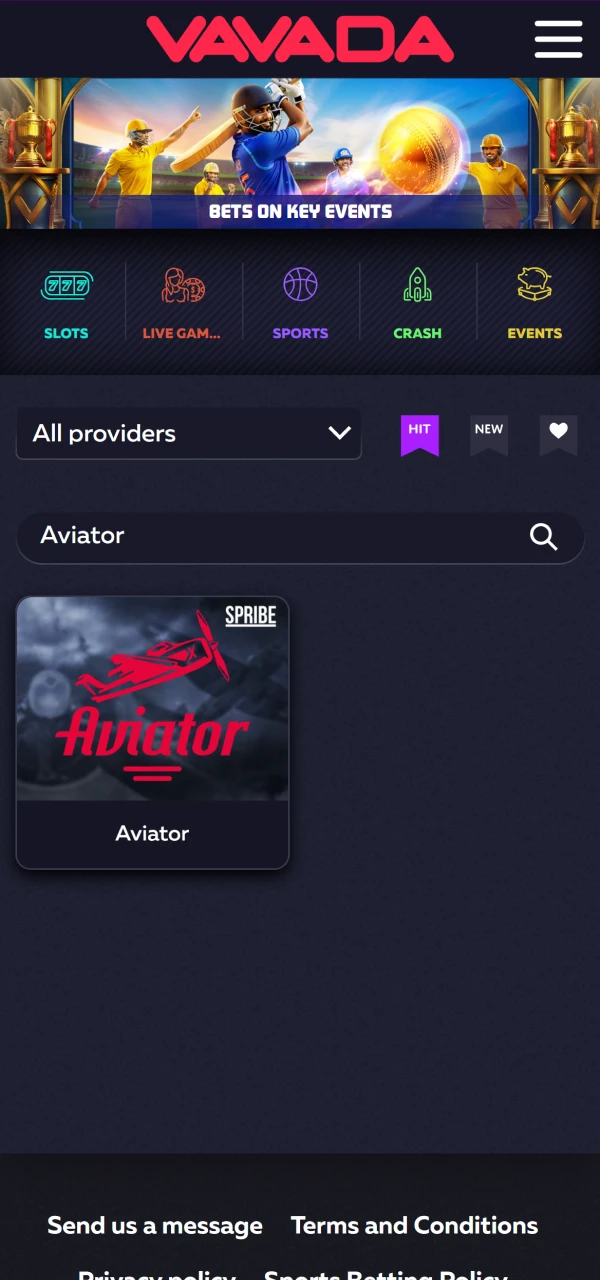 Use the search to find Aviator game by Spribe on Vavada.