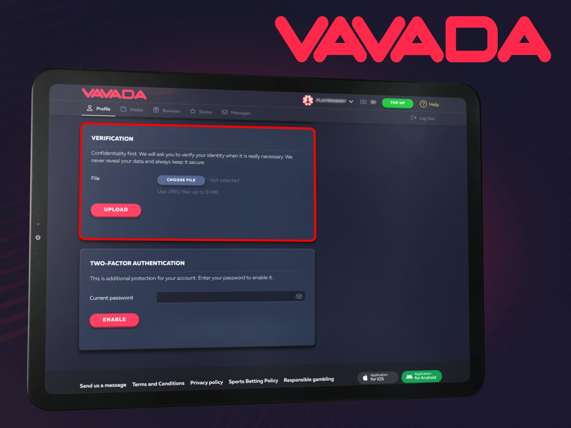 Verify your account to access all features of the official Vavada casino.