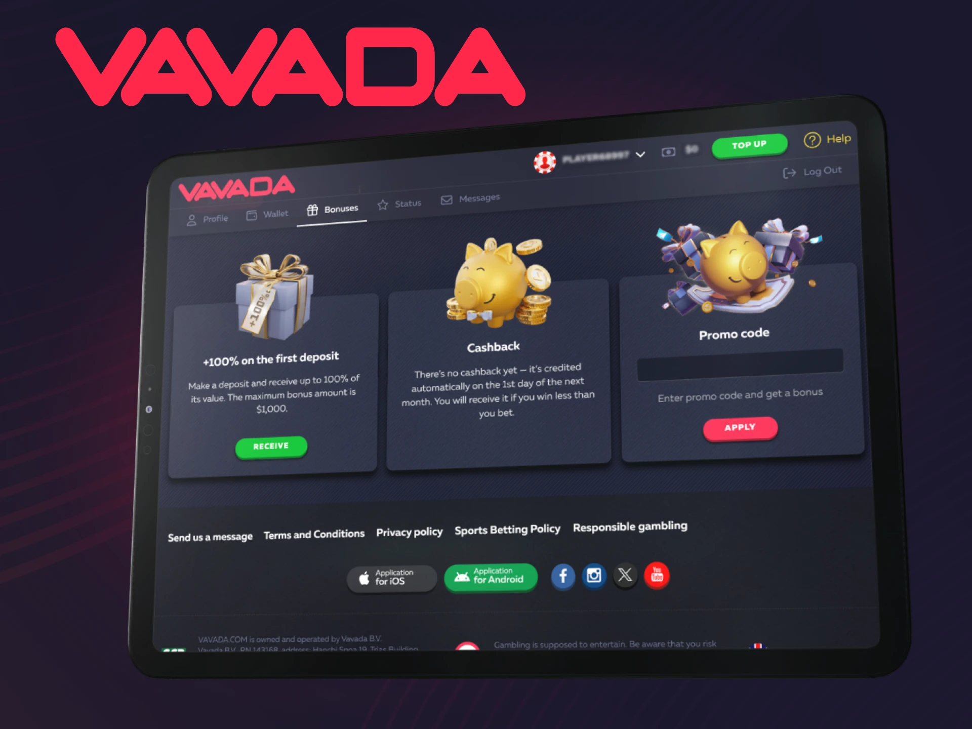 Receive registration bonuses after signing up on the official Vavada casino.