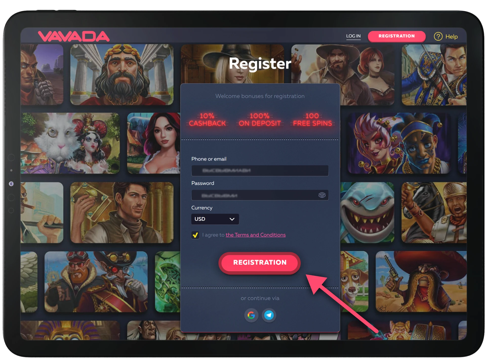 Agree to the rules and complete your registration on the official Vavada platform.