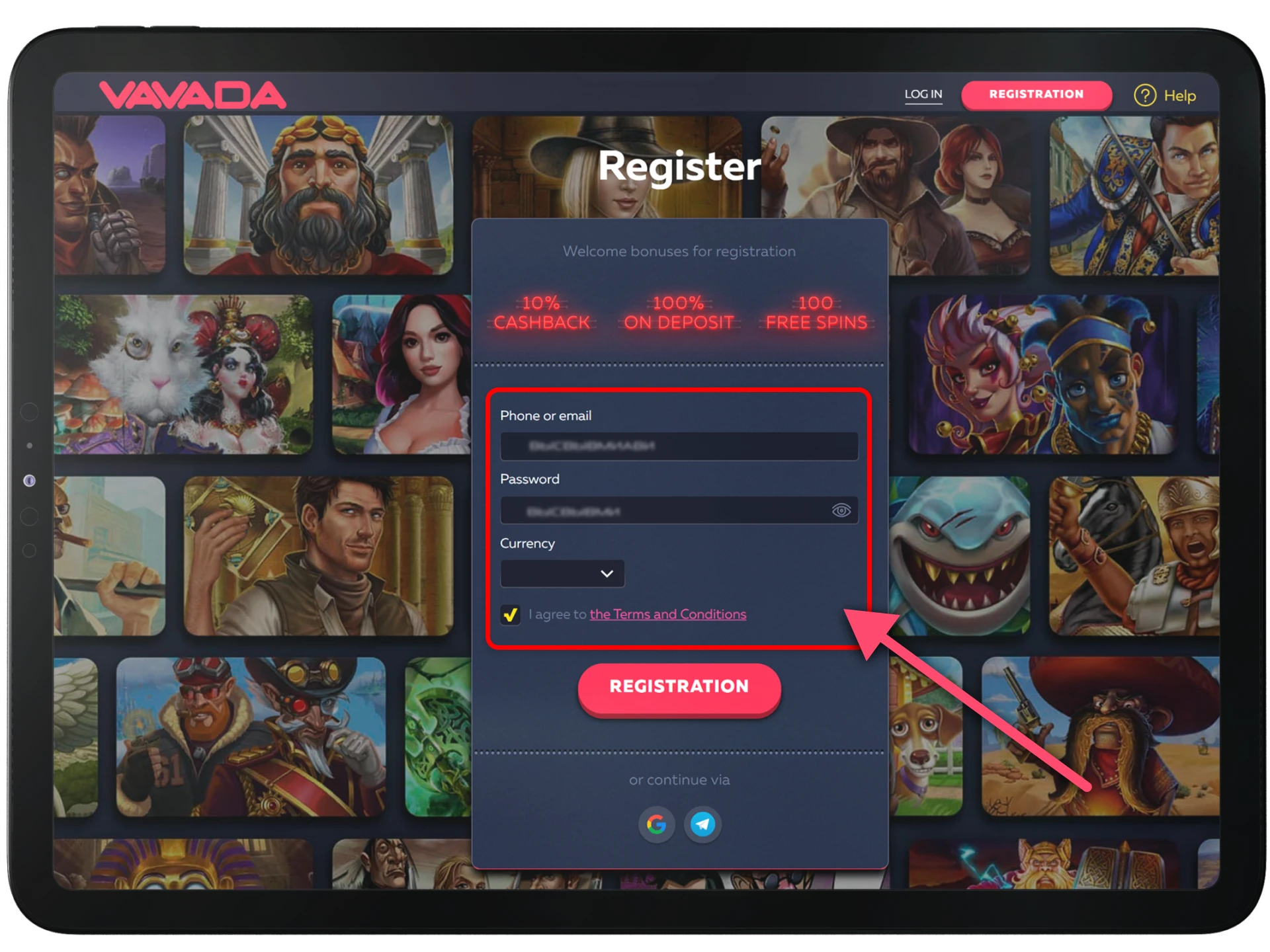 Enter your phone, email, password, and choose currency on Vavada.