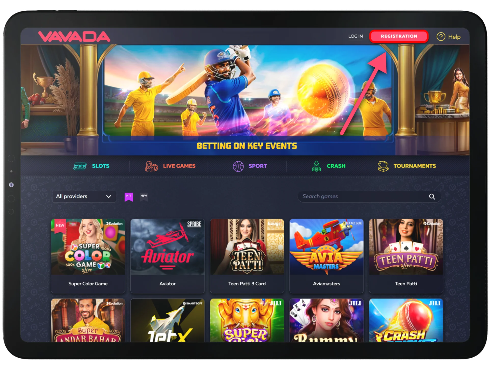 Click the red registration button on the official Vavada website or app.