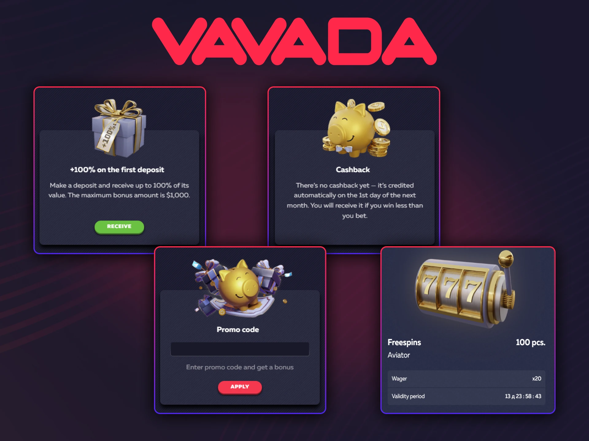 Get slot bonuses and free spins at the official Vavada casino.