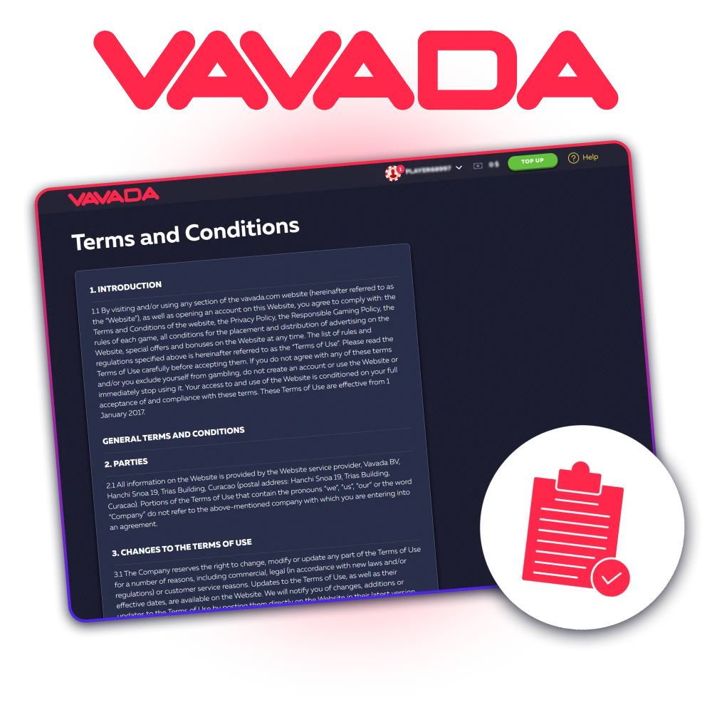 Terms and conditions of the official Vavada casino website.